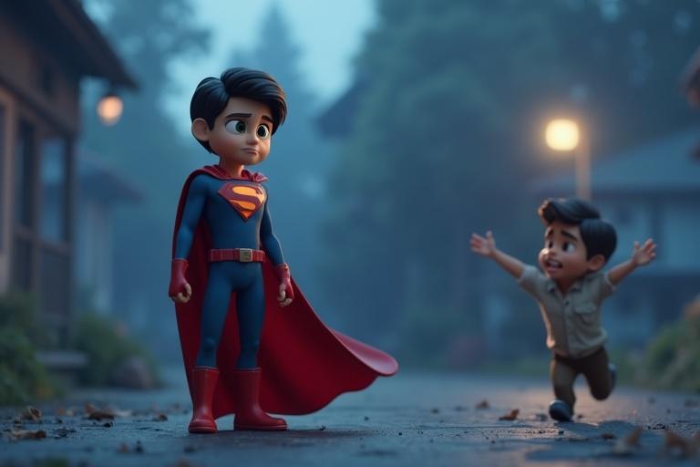 Dramatic 4K ultra-HD 3D animated scene. Heroic character with red cape and blue suit stands alone showing sadness. Boy with a toy plays in the background. Muted daylight colors create an emotional atmosphere. Soft focus on background elements emphasizes feeling of longing.