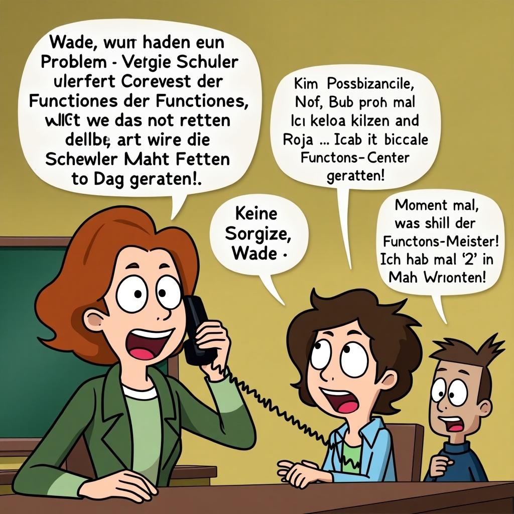 Dialogue between cartoon characters about understanding mathematical functions. Wade expresses concern about students' comprehension of functions. Kim assures Wade she will help while Ron claims to be a master at functions. They communicate through a phone call.