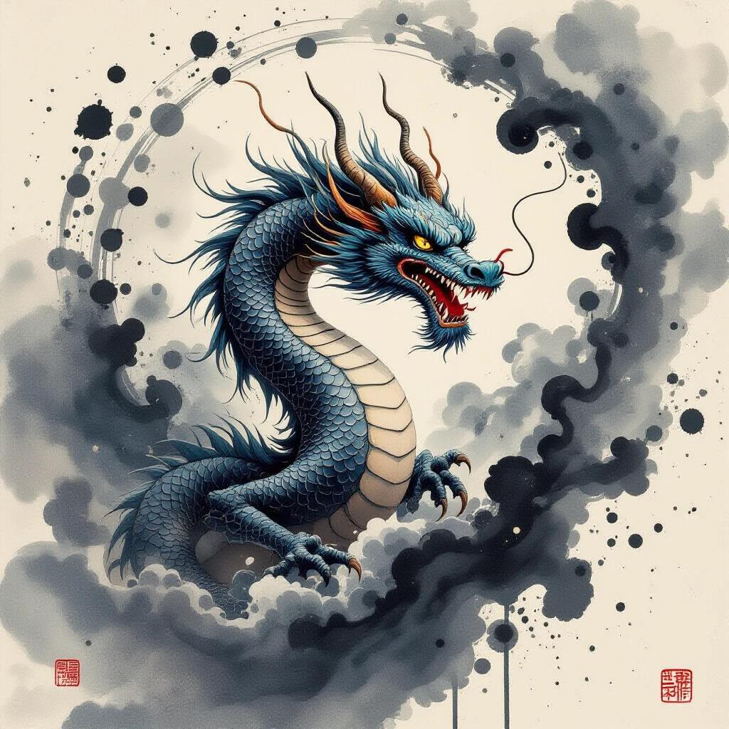 Mythical Eastern dragon emerges from swirling ink with mystical splatters and drips. The dragon is depicted with vibrant blue scales and fierce expression. Traditional Asian ink medium is used creatively. There is fluid chaos suggesting energy and power. This piece embodies cultural mythology and modern artistic interpretation.