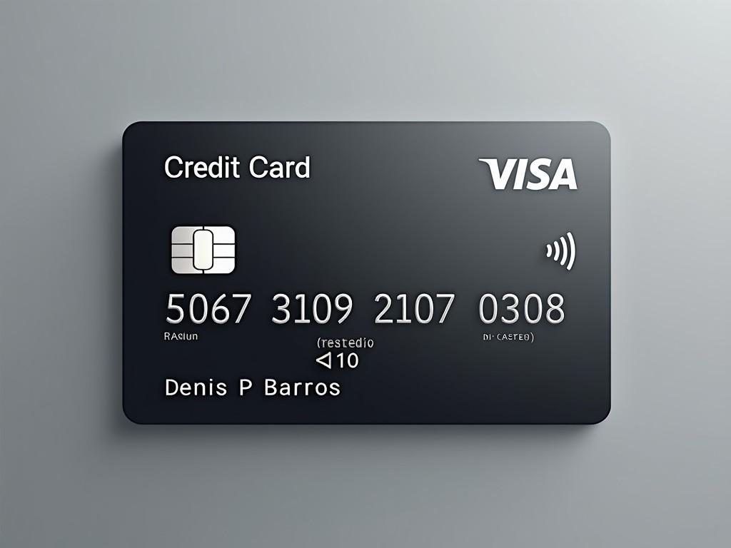 The image features a sleek, black credit card prominently displayed. It is designed in a contemporary style, showcasing the Visa logo at the top right corner. The card number, 5067 3109 2107 0308, is clearly presented along with the name Denis P Barros. The card is shown against a subtle gray background, enhancing its modern aesthetic. The design includes a contactless payment symbol, indicating its functionality. Overall, the image conveys a sense of sophistication and modern banking.