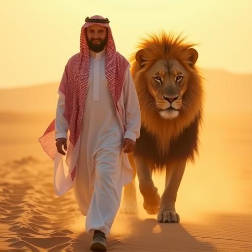 Cinematic fantasy portrait showing a confident Saudi man walking through a desert. Man has a well-groomed beard and wears a traditional white thobe with red-and-white shemagh. A massive lion with a glowing mane walks behind him. The desert appears warm with glowing light particles. Dramatic golden lighting sets an epic mood.