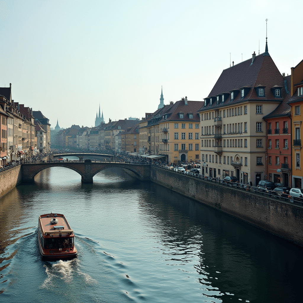 A picturesque canal scene with a red boat gliding under a stone bridge, set against a backdrop of charming European architecture.