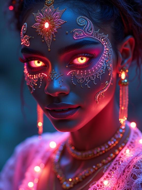 Close-up portrait of a goddess embodying the power of elements. Intricate facial adornments and jewelry. Neon lights illuminate the scene. Beautiful skin and striking details. Hyperrealistic effects create a stunning visual.
