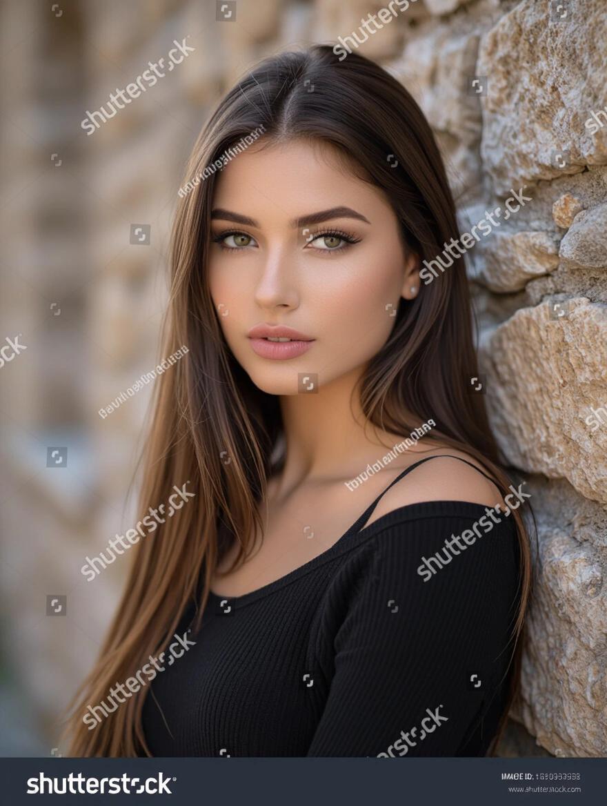 A young woman with long hair is posing against a stone wall. She has an expressive appearance with a seductive gaze. She wears a black top and stands confidently.