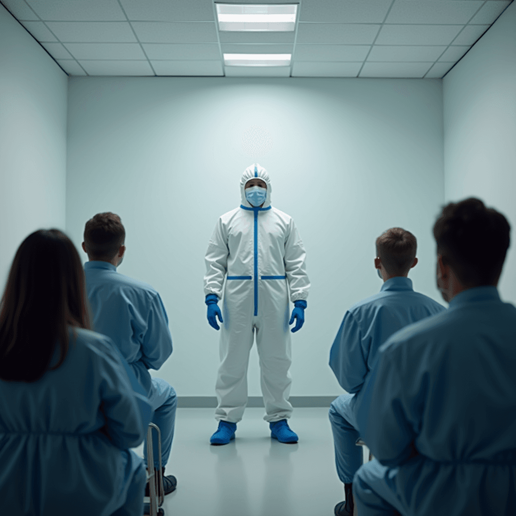 A person in full protective gear addresses a group in a sterile room.