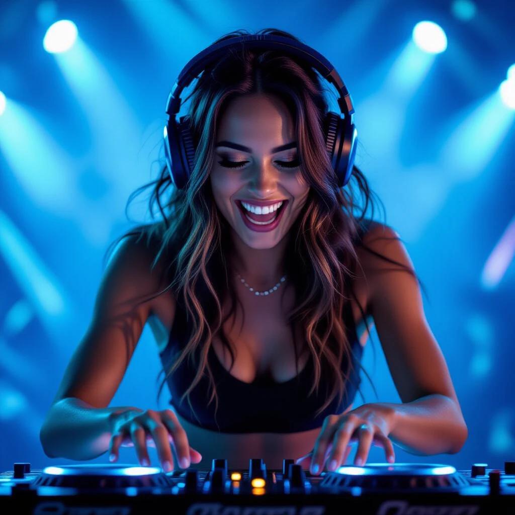 Female DJ immersed in electric blue lighting. Grinning while hunched over her DJ controller. Hair flying with the bass. Hands moving energetically. Lights pulse as she sways to the beat.