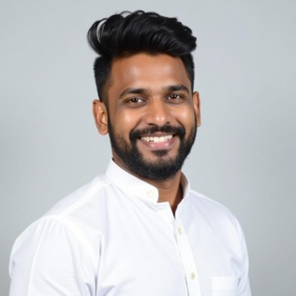 A Sri Lankan male in his early 30s. Wavy high fade haircut.  Well-groomed beard. Confident smile. Dressed in a traditional white shirt. Plain light gray background.