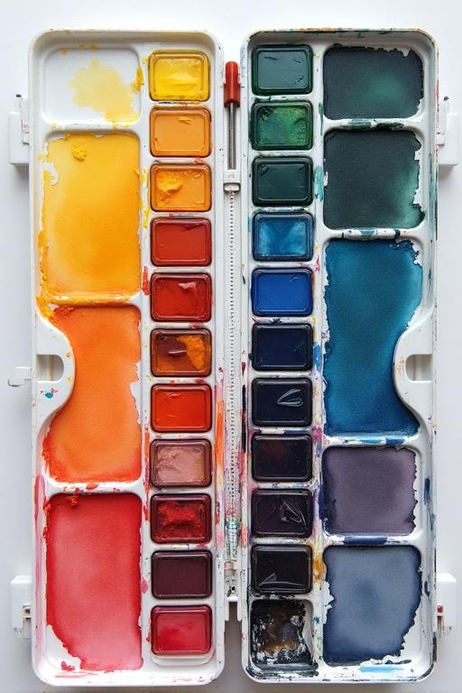 Art supplies organized in a watercolor palette. Vibrant tube colors displayed in compartments. The palette shows a variety of colors from yellow to violet. A tool used for painting and creative projects.