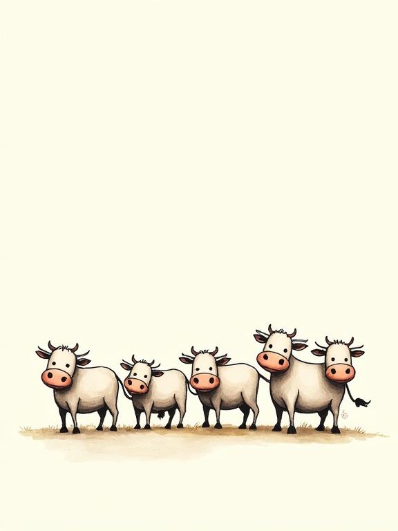 Illustration features a small herd of cows. Each cow has exaggerated features and humorous expressions. Background is soft white with a subtle gradient. Cows create a delightful scene. Simple and warm design enhances visual appeal.
