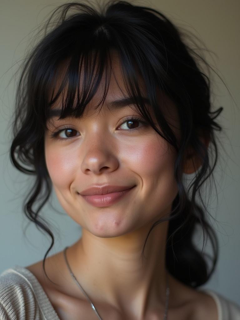 Real student with black hair in a close-up portrait. Soft natural light highlights hairstyle and neckline.