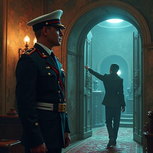An image depicting a military setting featuring a colonel giving a handshake to a hacker. The scene takes place inside a military barracks of MCCD with a dramatic and atmospheric environment.
