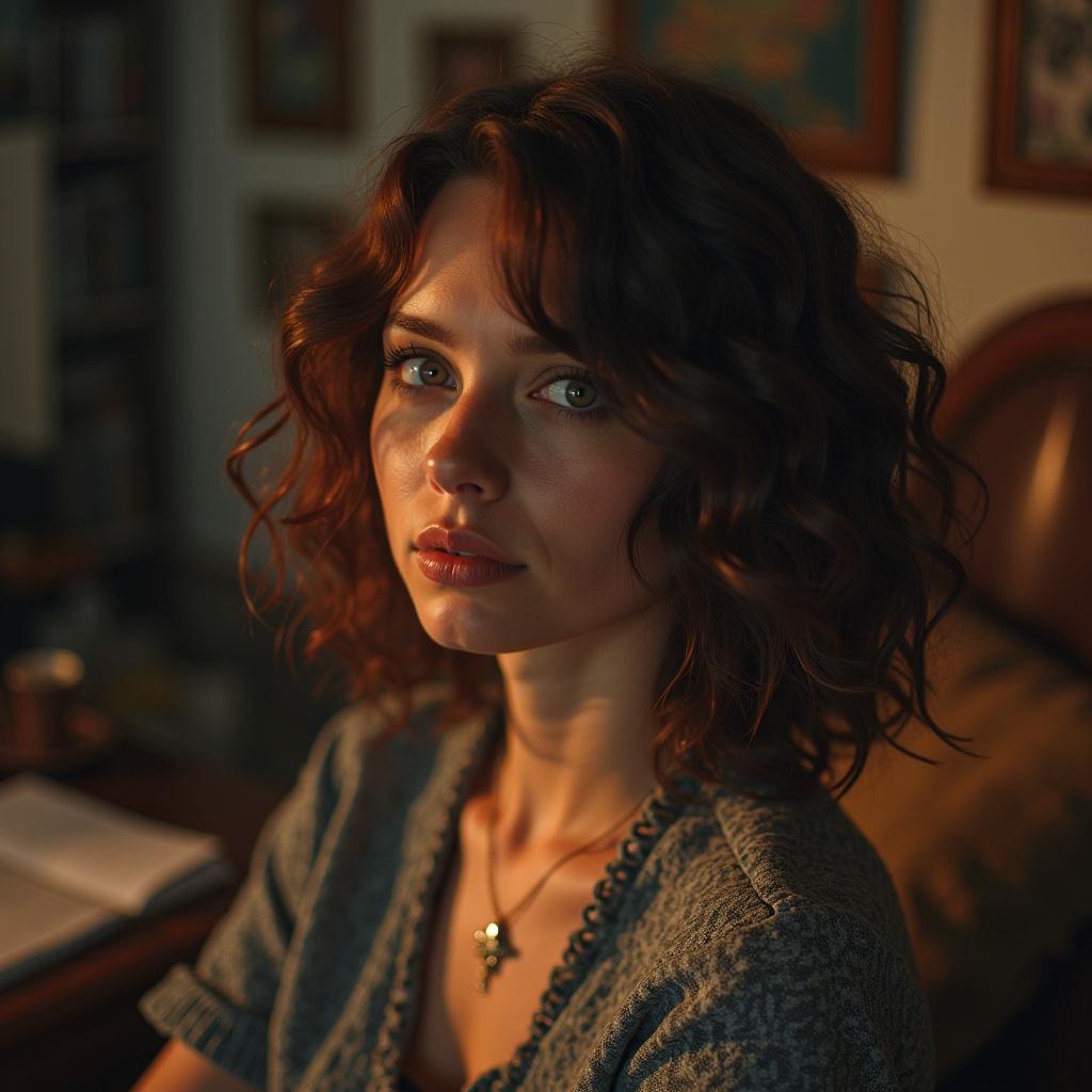 A Netflix TV series cover featuring a woman with curly hair. She has a thoughtful expression and warm lighting. The background includes a blurred setting with books and a bed.