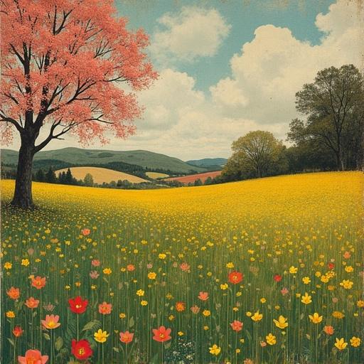 Grunge representation of a spring landscape features a large pink tree in the foreground alongside a field of colorful flowers. Background includes rolling hills and soft clouds in a bright blue sky.