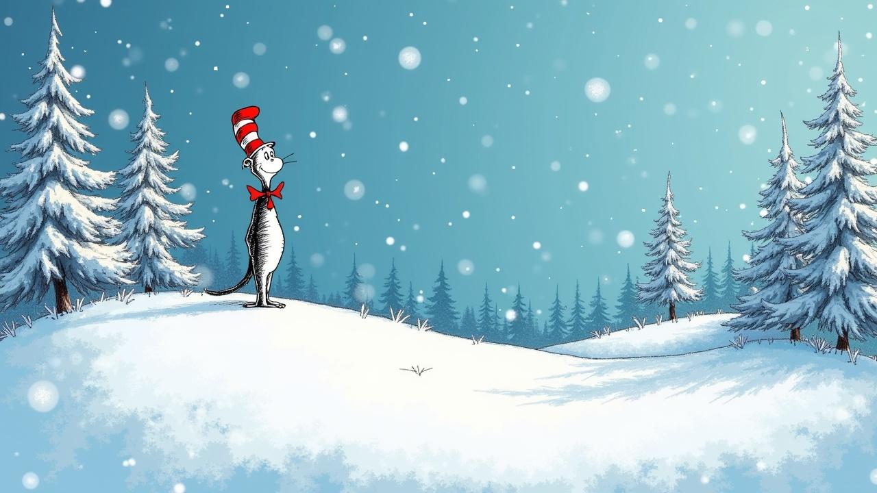 A Dr. Seuss style snowy winter scene. Features the Cat in the Hat with a red and white striped hat and bowtie. Snow-covered landscape with evergreen trees and falling snowflakes.