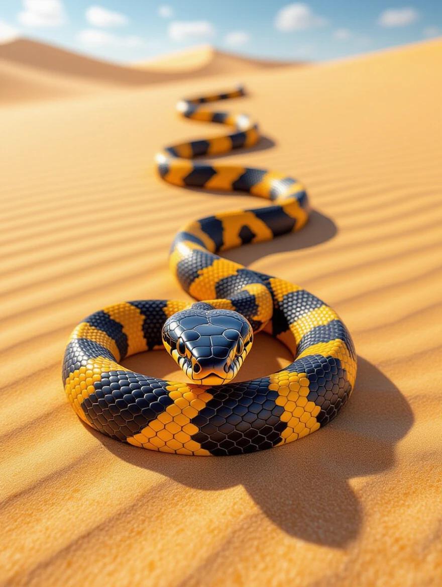 A coral snake moves across desert sand. Background shows sandy dunes. Bright colors in sunlight. Highly detailed texture on snake's skin.