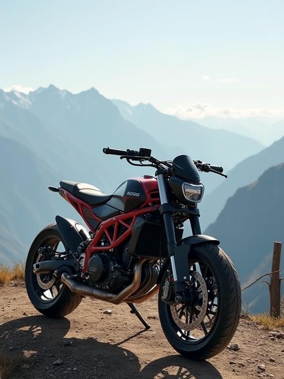 Motorcycle standing on a mountain with a scenic view in the background. Clear skies and mountainous terrain surrounding the bike. A focus on the design and features of the motorcycle.