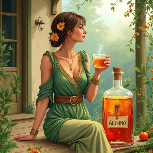 Illustration of a goddess in mid-thirties offering a toast with a cocktail glass on a porch. She wears a boho-style green outfit with a flower in her hair. A bottle labeled 'ALFRUNO' radiates golden-reddish glow beside her. The background is a lush garden.