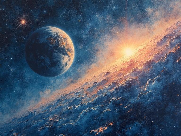 Surreal depiction of Earth from a cosmic perspective. Colorful cosmic scene with a bright sun rising.