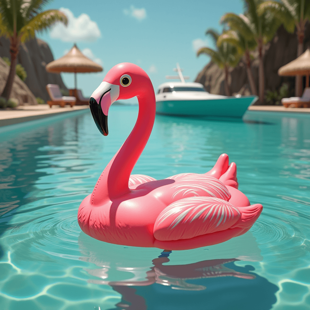 A vibrant pink flamingo inflatable floats in a luxurious pool, surrounded by palm trees and beach huts, with a yacht docked nearby.