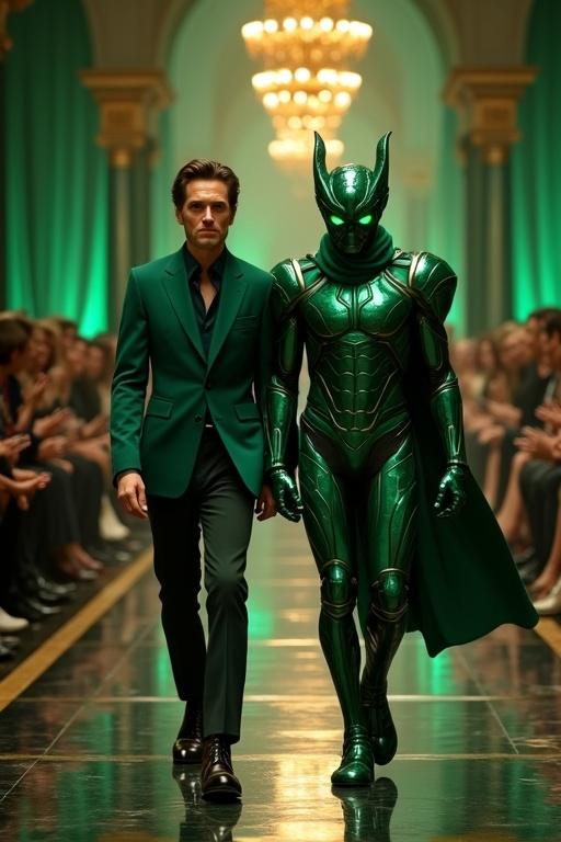 Ultra-realistic fashion show scene. Actor in green blazer and black trousers. Modern high-fashion look features silk scarf and leather boots. Green Goblin in full exosuit. Sleek mirrored runway in a grand hall. Surrounded by golden lights and cheering crowd. Jade curtains and black floors style the environment.