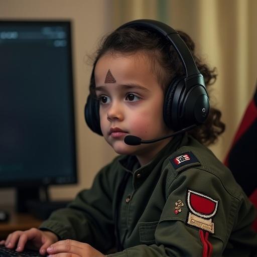 Young child with a large forehead in a gaming chair. The child wears a headset. The child is dressed in historical uniform. The setting is a home office environment.