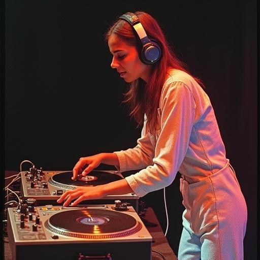 Female DJ from Saudi Arabia performing on two turntables. DJ executes intricate turntable tricks at high speed during a music championship. Turntables placed close together with a mixer on the left side.