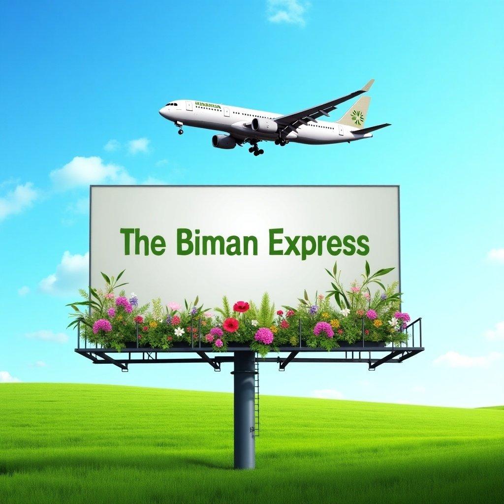 Billboard shows the name 'Biman Express' with flowers at the base. Airplane flies above in a clear blue sky. Lush green fields lie below. Image connects aviation to a botanical theme.