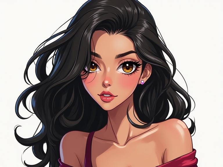 Dibuja una mujer estilo anime con el pelo color negro largo. La mujer debe tener un look coqueto y moderno.