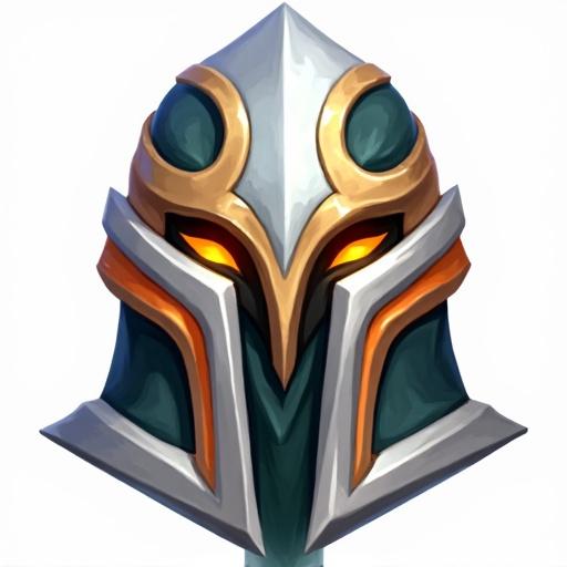 Icon of a legendary helmet displaying silver and white with orange black green accents for a card game Designed in World of Warcraft style Size 48 x 48 pixels transparent background