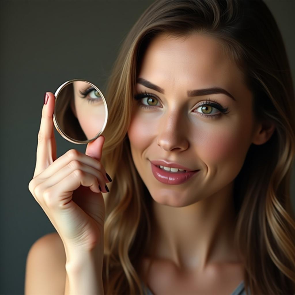 A woman holds a compact mirror up to her face, reflecting her image. She smiles gently at her reflection, showcasing her confidence and beauty. The lighting is soft and warm, highlighting her features and the mirror. The compact mirror catches the light elegantly, adding a touch of glamour to the scene. This image captures the essence of beauty and self-care in everyday life.