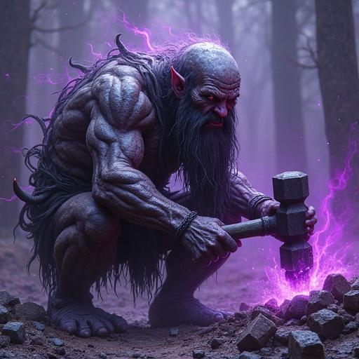 Dwarf hammering steel in a dark forest. Glowing purple aura surrounds him. He mutters to himself, twisted features. Dark fantasy theme.