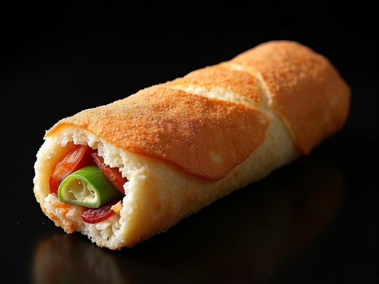 Hyperrealistic depiction of a shawarma roll. Close-up view and low perspective. Black background enhances visual focus.