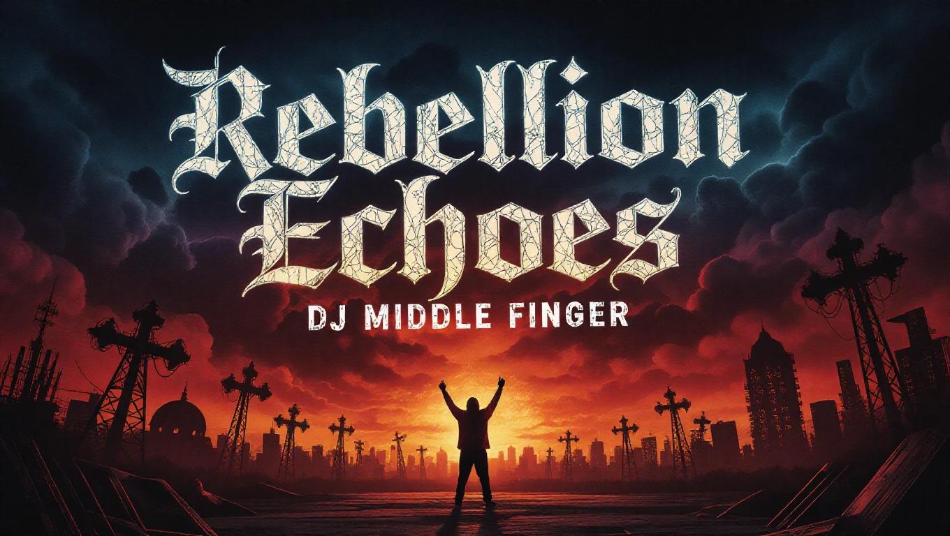 Dark artistic hellscape hip hop album cover featuring stylized text. Title is Rebellion Echoes. Artist name is DJ Middle Finger. Includes a sunset backdrop with a silhouetted figure.