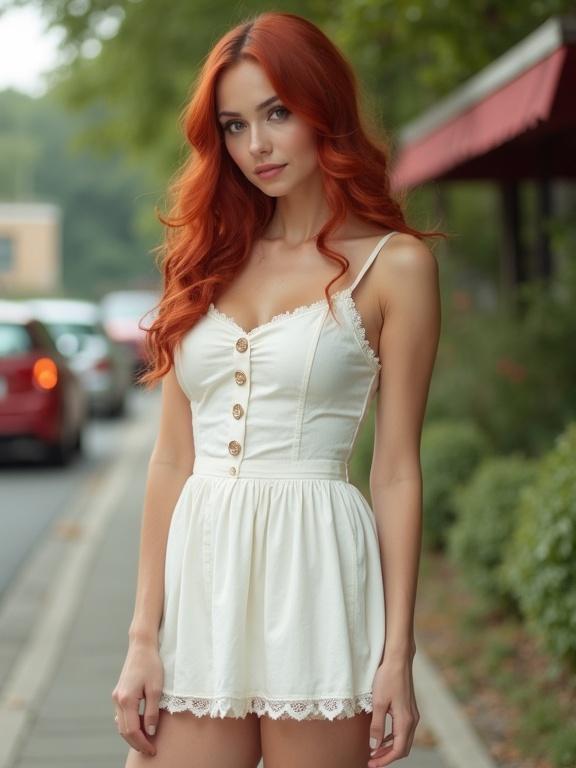 Full body view of a young woman wearing a white summer minidress. The woman has red wavy hair and embodies pinup aesthetics. The scene appears to be captured in an analog style.
