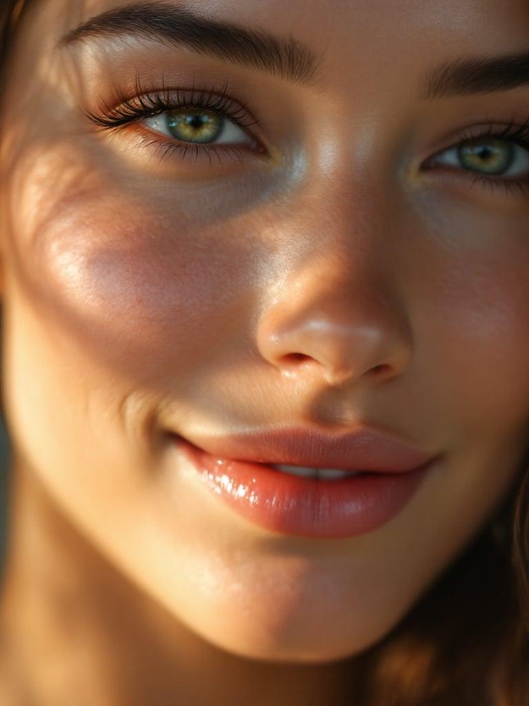 Close-up shot of a subject with flawless skin and a slight smile. High definition photo showcasing beauty standards. Photorealistic style with cinematic lighting. The image portrays feelings of beauty and allure.