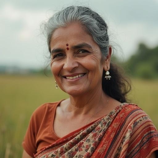 Headshot of a middle aged woman with grey hair. She has a warm smile. Woman's height approximately 5.3 and weight around 190 lbs. Wearing a printed collar checked top. Hair in a high ponytail. No traditional jewelry or bindi. Appears western but of Indian origin.