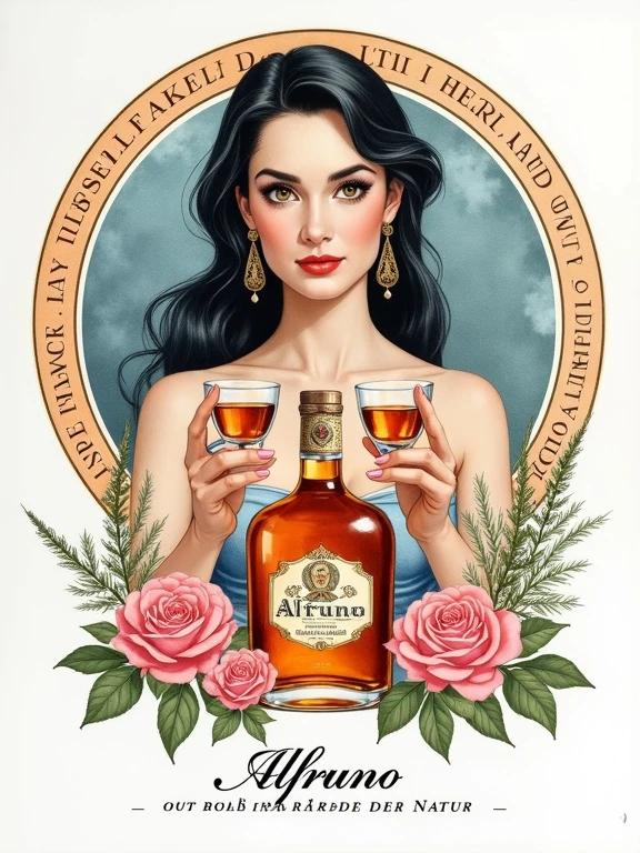 Watercolour art showing a vintage style botanical illustration. Central female figure with long dark hair and fair skin holds two small glasses of amber herbal liqueur. She has striking features and ornate earrings. Background features circular design with blue and orange hues and decorative border with text. In front is an apothecary bottle labeled 'Alfruno' with pink roses and green foliage. Text at the bottom in serif font says 'Genuss aus dem Garten der Natur - wild und besonders'. Elegant and luxurious composition.