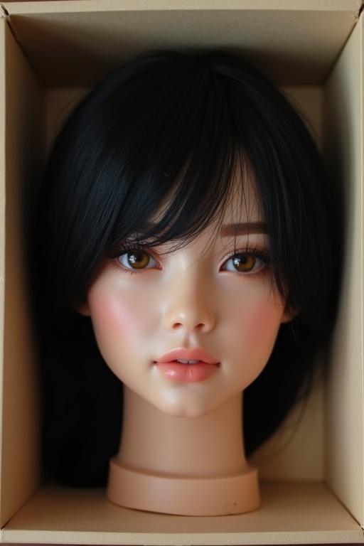 Realistic female head placed in a box with black hair. Head is displayed on a beige stand. Soft lighting used.