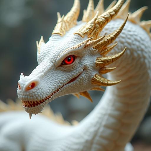 Create a dragon with white scales and golden claws and horns. Include ruby-red eyes. Make it realistic for a fantasy RPG setting.