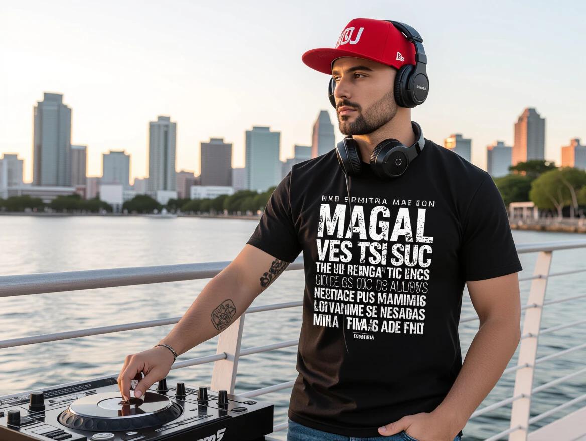 DJ Magal wearing a black t-shirt with white print. The design is modern and mysterious featuring headphones. He exudes strength and authority. Strong arms tell a story through music. A striking red and black cap with "DJ Magal" embroidered. DJ Magal is focused on the console against an urban skyline at sunset.