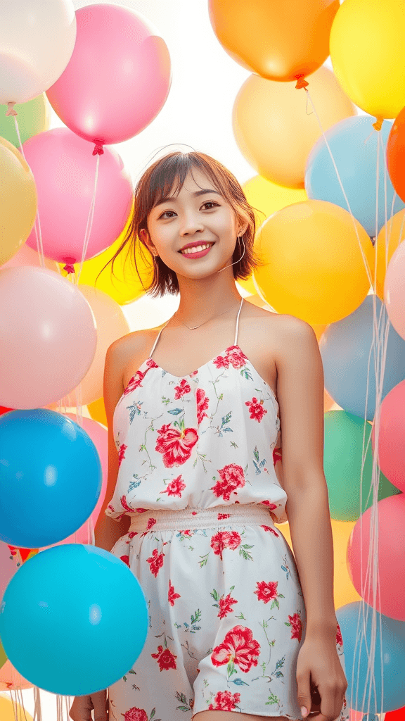 A cheerful person in a floral outfit smiles amidst a vibrant sea of colorful balloons.