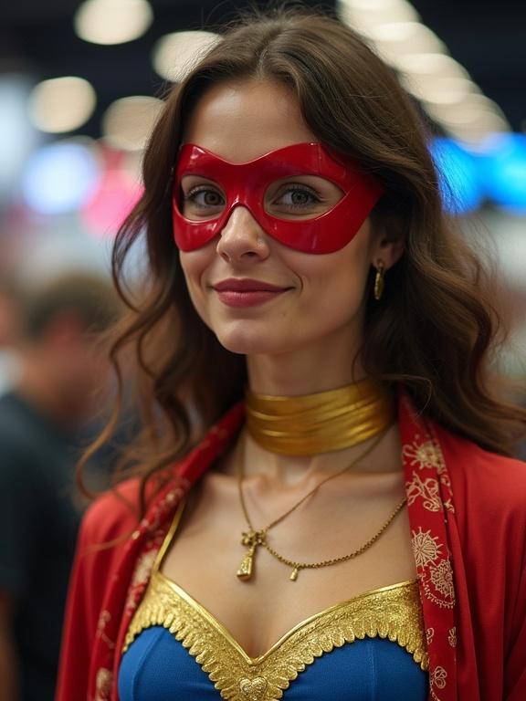 Mother dressed as a superhero at a comic convention. She wears a red mask and has a golden neckline. Brightly colored costume.
