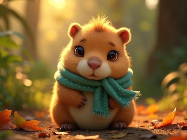 A small cute capybara with soft golden-brown fur and big brown eyes sitting sadly. He has a light teal scarf and broken wings beside him. His head is lowered with a crumpled scarf and hazel eyes full of disappointment. Warm sunset light and fallen leaves are around him.