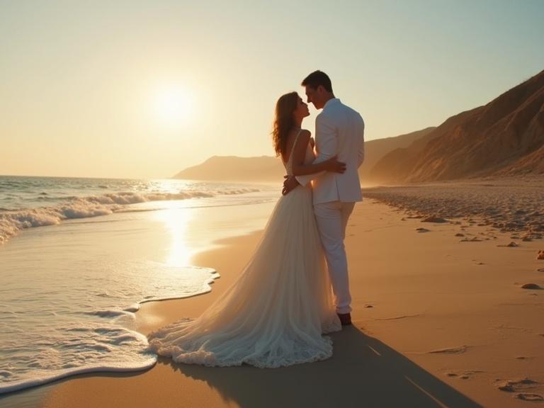 Cinematic beach photography of a couple kissing at the beach during sunset. Romantic setting with soft waves and golden sunlight. Elegant bridal gown and formal attire.