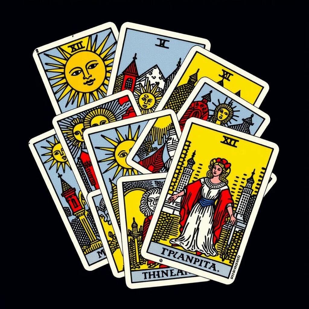 Spread of tarot cards. Bright colors. Symbolic imagery of sun, mountains, and figures. Dark background enhances visibility. Cards display various symbols and artistic designs.