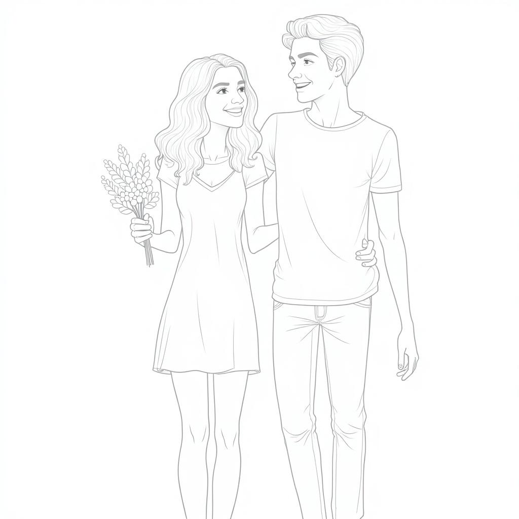 Line art depicting a young couple standing together. The female figure holds a bouquet of flowers. The style is simplistic and outlines only without color.