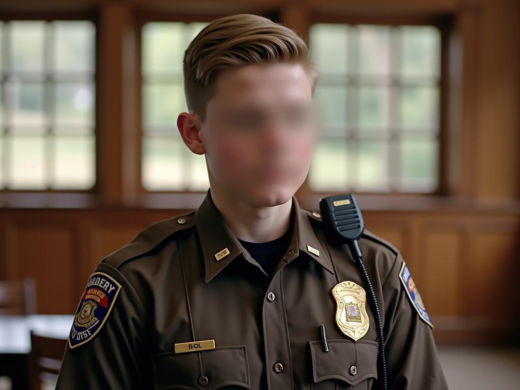 The image depicts a young law enforcement officer standing in an indoor setting. The officer is wearing a dark brown police uniform with an insignia and a badge on their shirt. There is a radio attached to their shoulder, indicating their active role in communication. The background shows a wooden room with large windows that let in natural light. The overall setting is professional, suggesting this might be an office or a station. The officer's face, however, is blurred out, keeping their identity hidden.