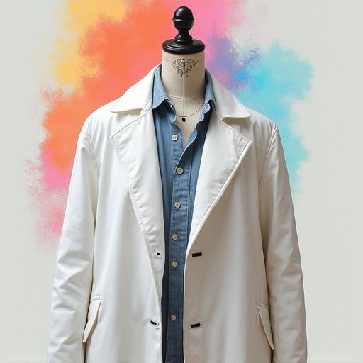 Concept art of a white artist coat displayed on a mannequin with vibrant paint splashes as a backdrop.