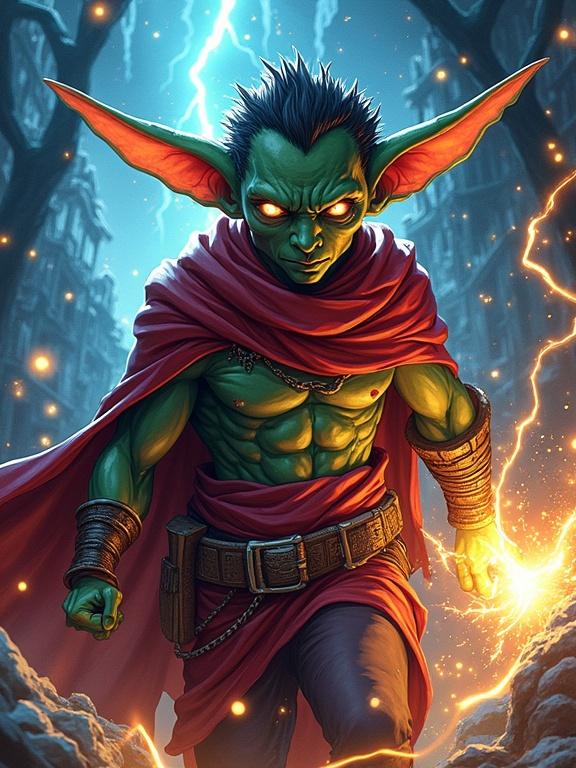 Goblin lightning sorcerer in action pose with distinct features. Background features dark fantasy setting with intricate details. Art style inspired by comic books and anime colors with bold outlines and dynamic cel-shading. Heavy line work enhances character design. Speed lines enhance movement. Vivid colors with particle effects.