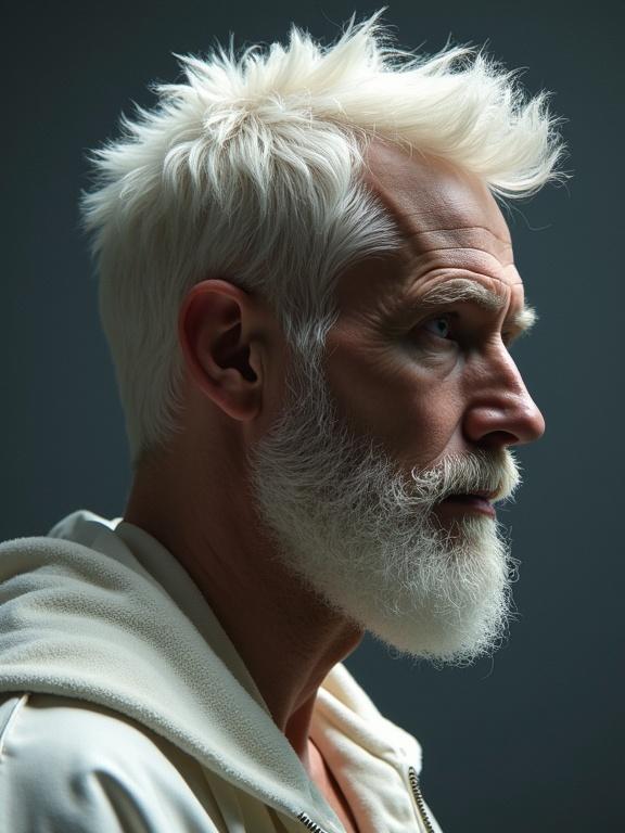 Photorealistic profile shot of a beautiful white man with modern hairstyle. The focus is on the subject's hairstyle and profile silhouette, captured with soft and dramatic lighting. Aesthetic appeal is emphasized for a fashion-forward presentation.